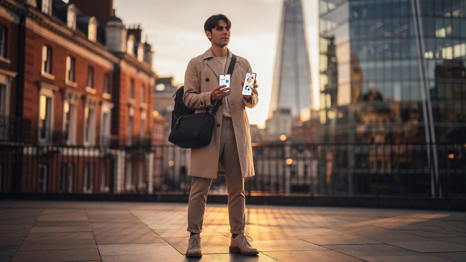 A modern traveler holds a smartphone with a generic network signal on screen, set against a blurred yet recognizable London cityscape during golden hour, symbolizing effortless digital connectivity while traveling.