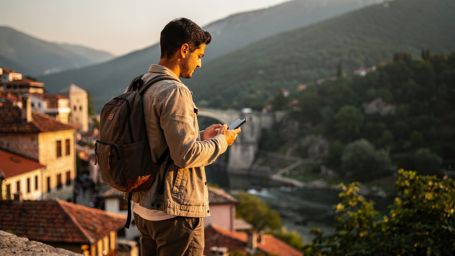 A modern traveler holds a smartphone against a backdrop of historic Bosnian architecture and natural landscapes, conveying the ease of staying connected while traveling.