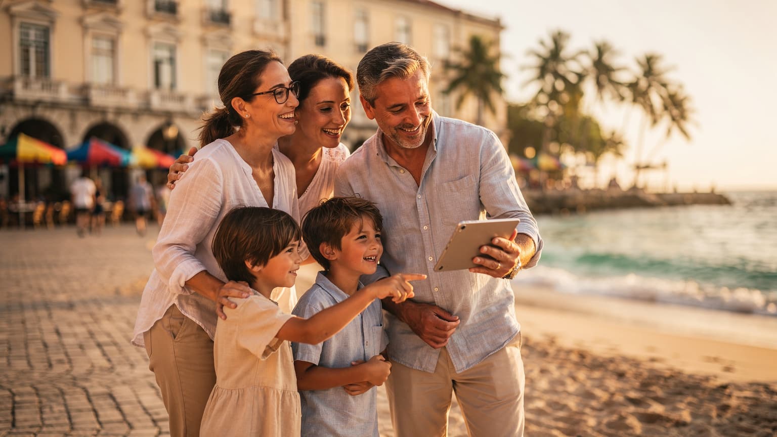 A diverse family of four enjoying an international vacation, with one parent subtly using a smartphone. The scene depicts seamless global connectivity enabling joyful family travel in a beautiful location.