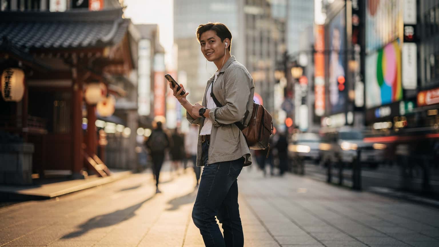 A person smiling while looking at a smartphone in a modern Japanese city street, with traditional architecture and neon signs in the background, conveying seamless travel connectivity.