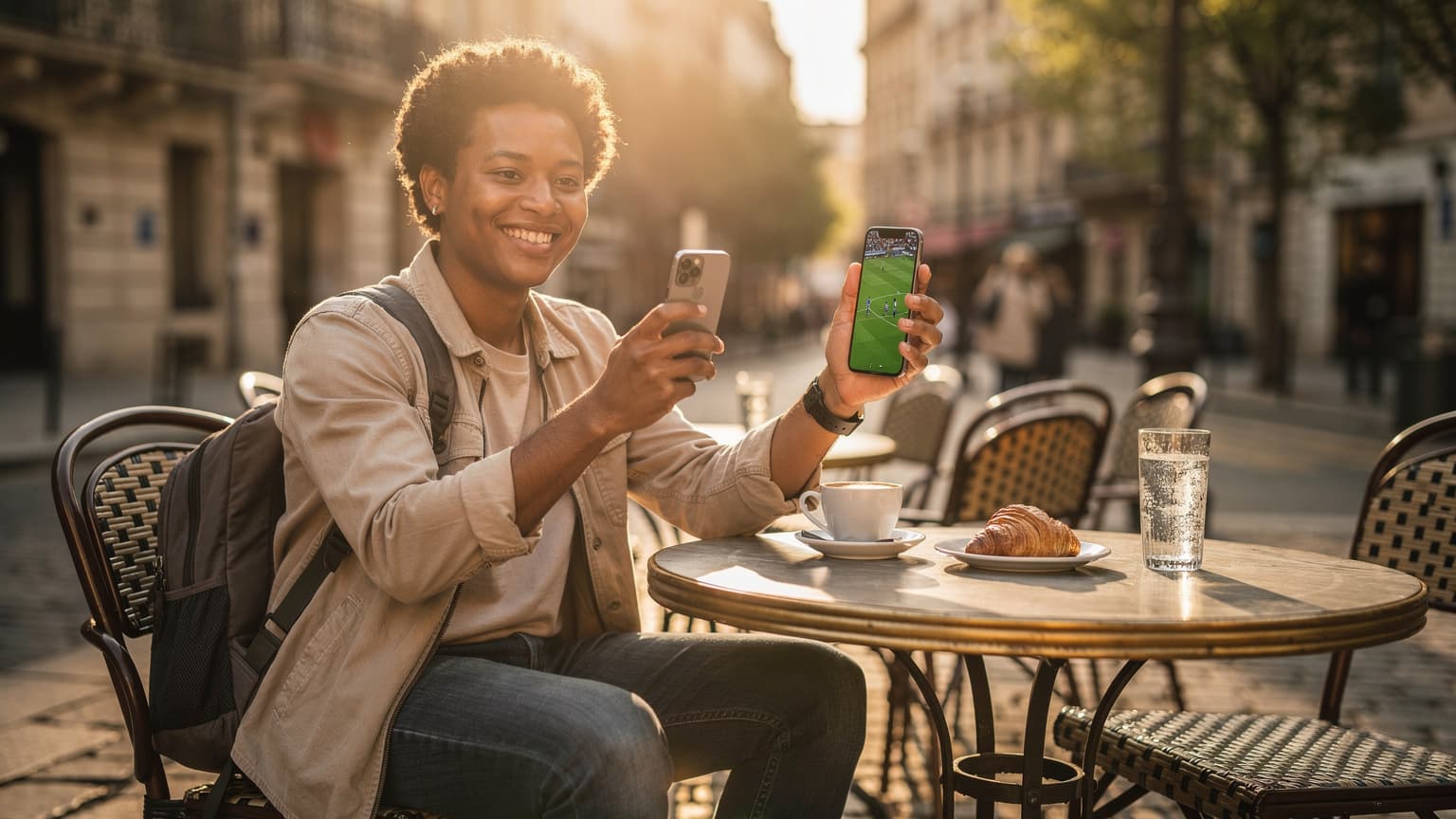 A person watching a football match on a smartphone while sitting at an outdoor cafe in a European city during sunset, conveying relaxed travel and easy connectivity.
