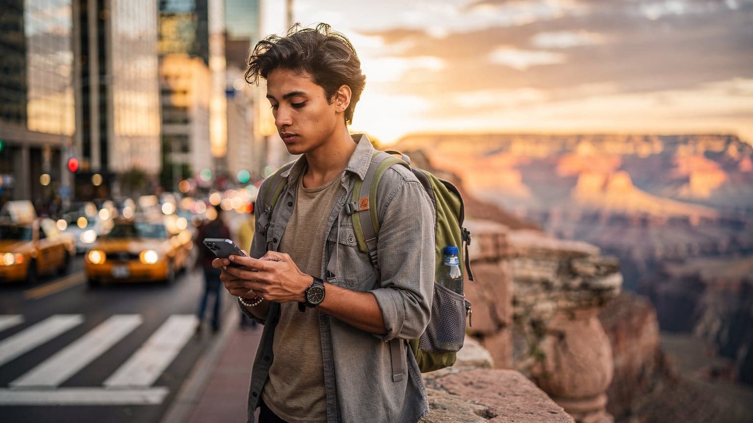 A traveler, standing in an iconic American location like a bustling city street or national park, looks intently at their smartphone with a thoughtful expression. The image, captured during golden hour, suggests themes of travel, technology, and managing mobile data costs in the USA.