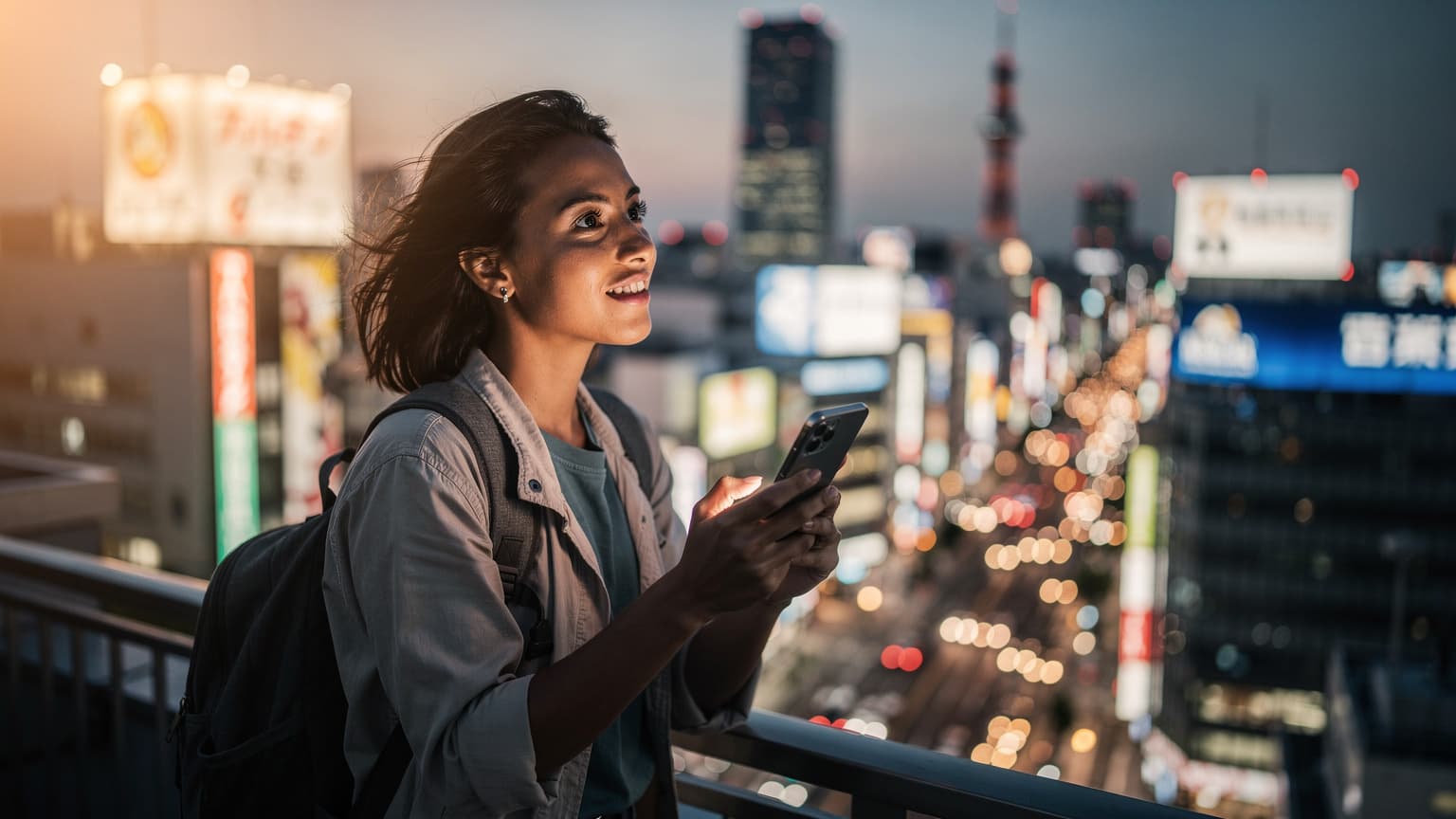 A traveler holding a smartphone against a blurred background of a Japanese cityscape at dusk, symbolizing digital connectivity during travel.