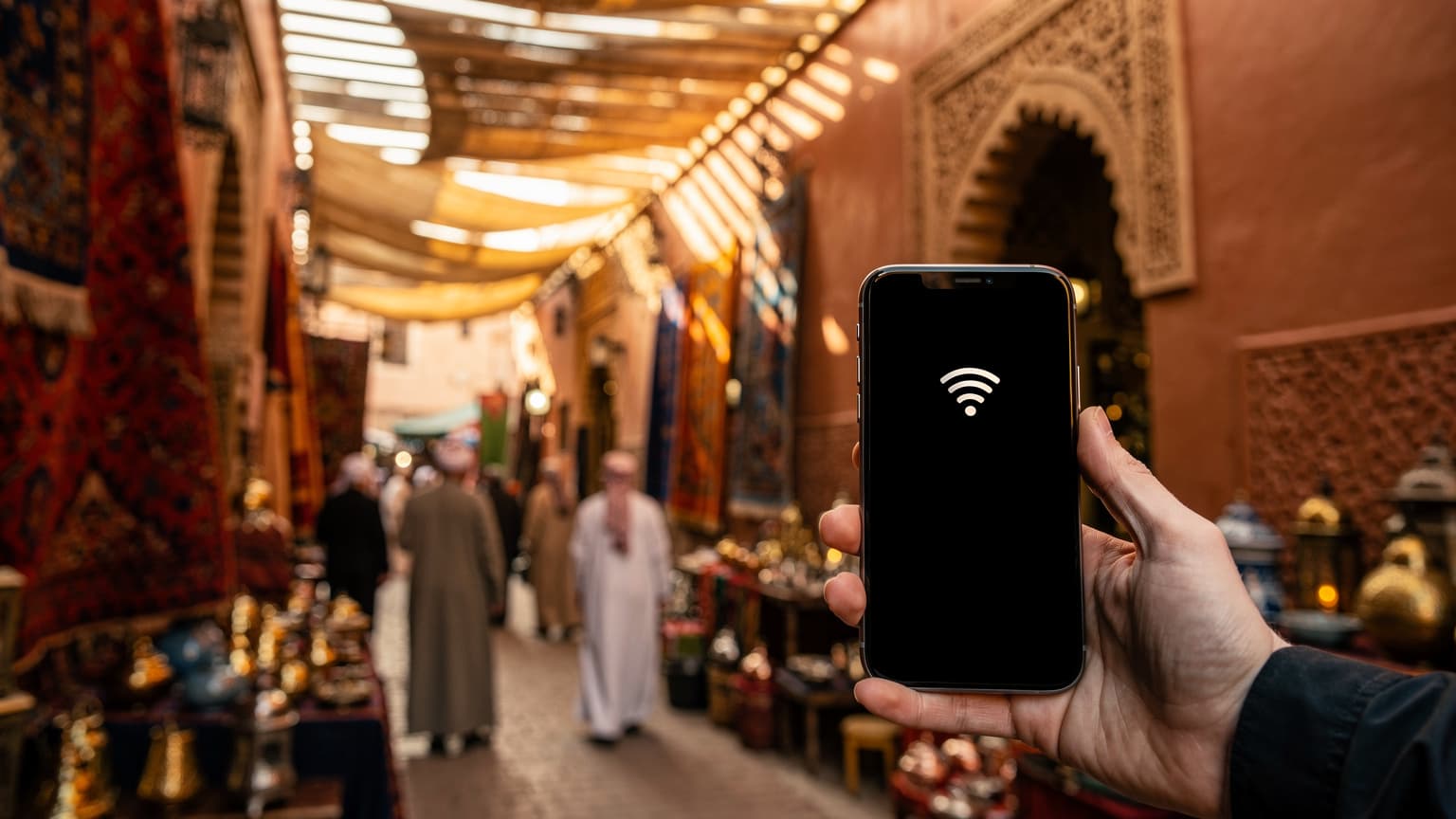 A close-up of a hand holding a smartphone with a network signal, set against a blurred but vibrant backdrop of a Moroccan souk with colorful textiles and traditional architecture under natural light, symbolizing travel and connectivity.