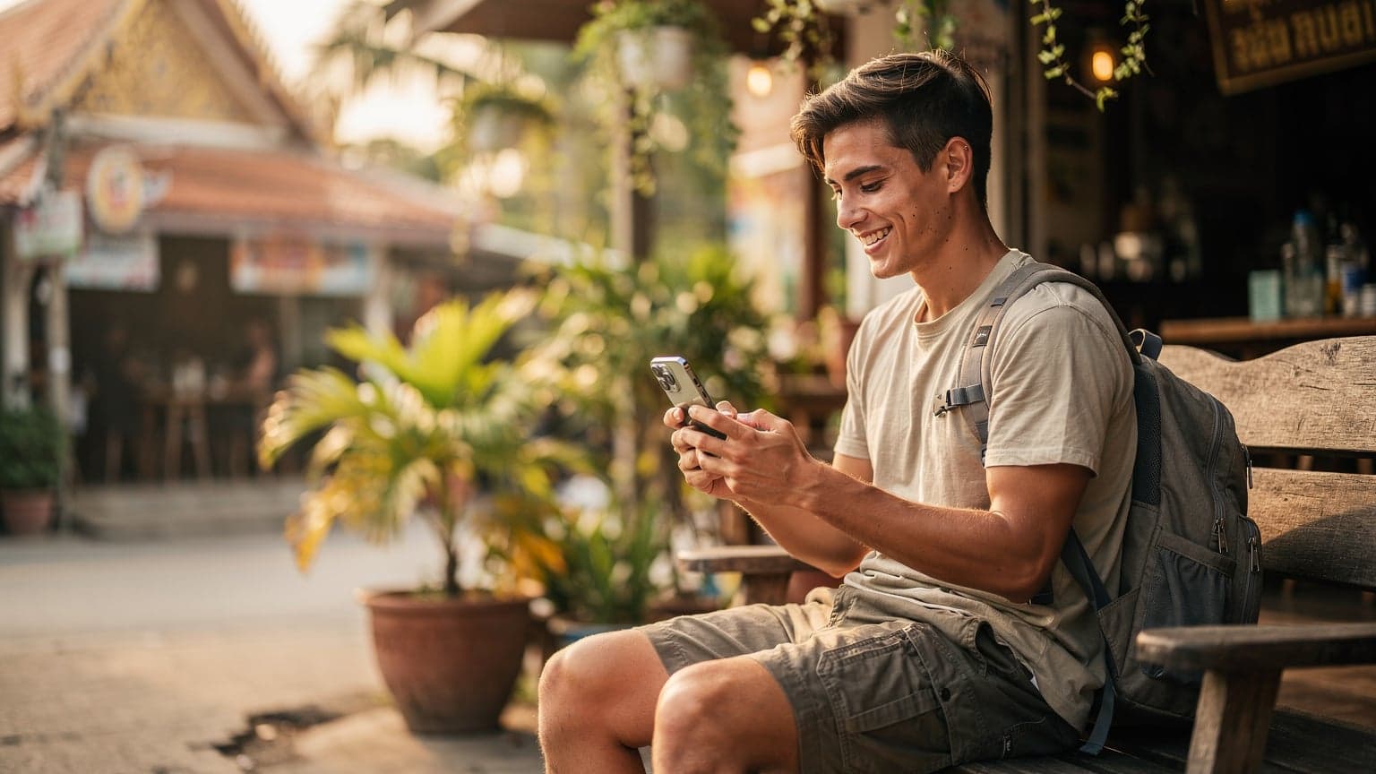 A young traveler sits on a rustic bench in a serene Thai setting, looking contentedly at their smartphone, symbolizing easy and affordable digital connectivity during travel.