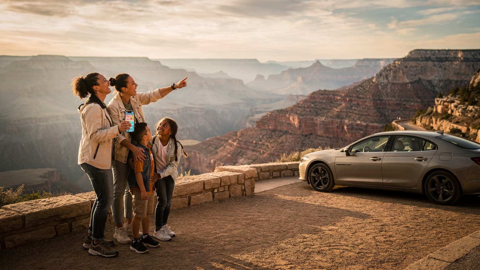 A diverse family at a scenic overlook in a US national park during golden hour, with one parent subtly using a smartphone displaying a map. The image conveys themes of family travel, adventure, and seamless digital connectivity, hinting at the use of eSIM technology for a road trip or city trip in the USA.