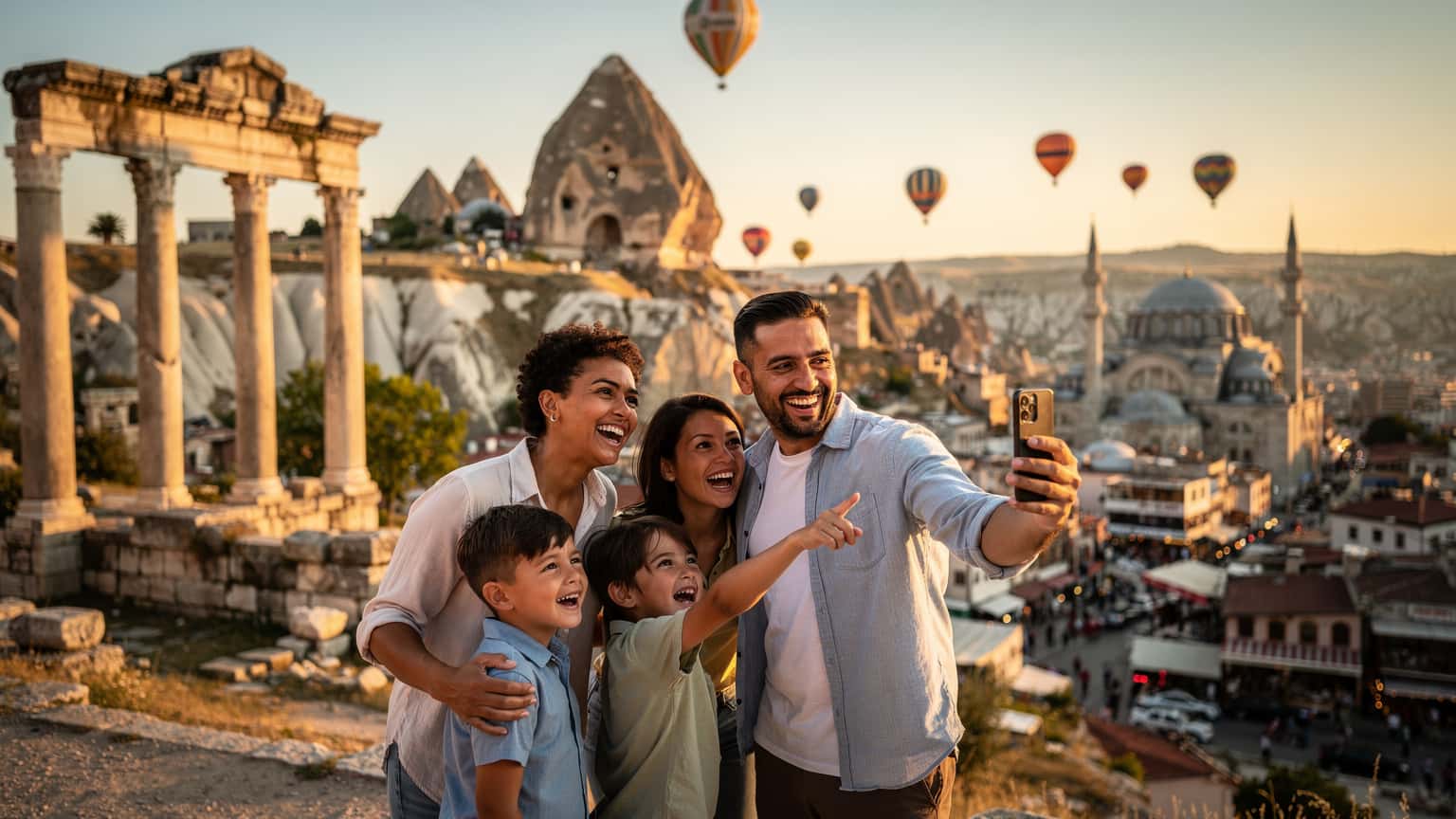 A diverse family (parents and two children) exploring a beautiful Turkish landmark during golden hour, with one parent subtly interacting with a smartphone, representing a connected family vacation.