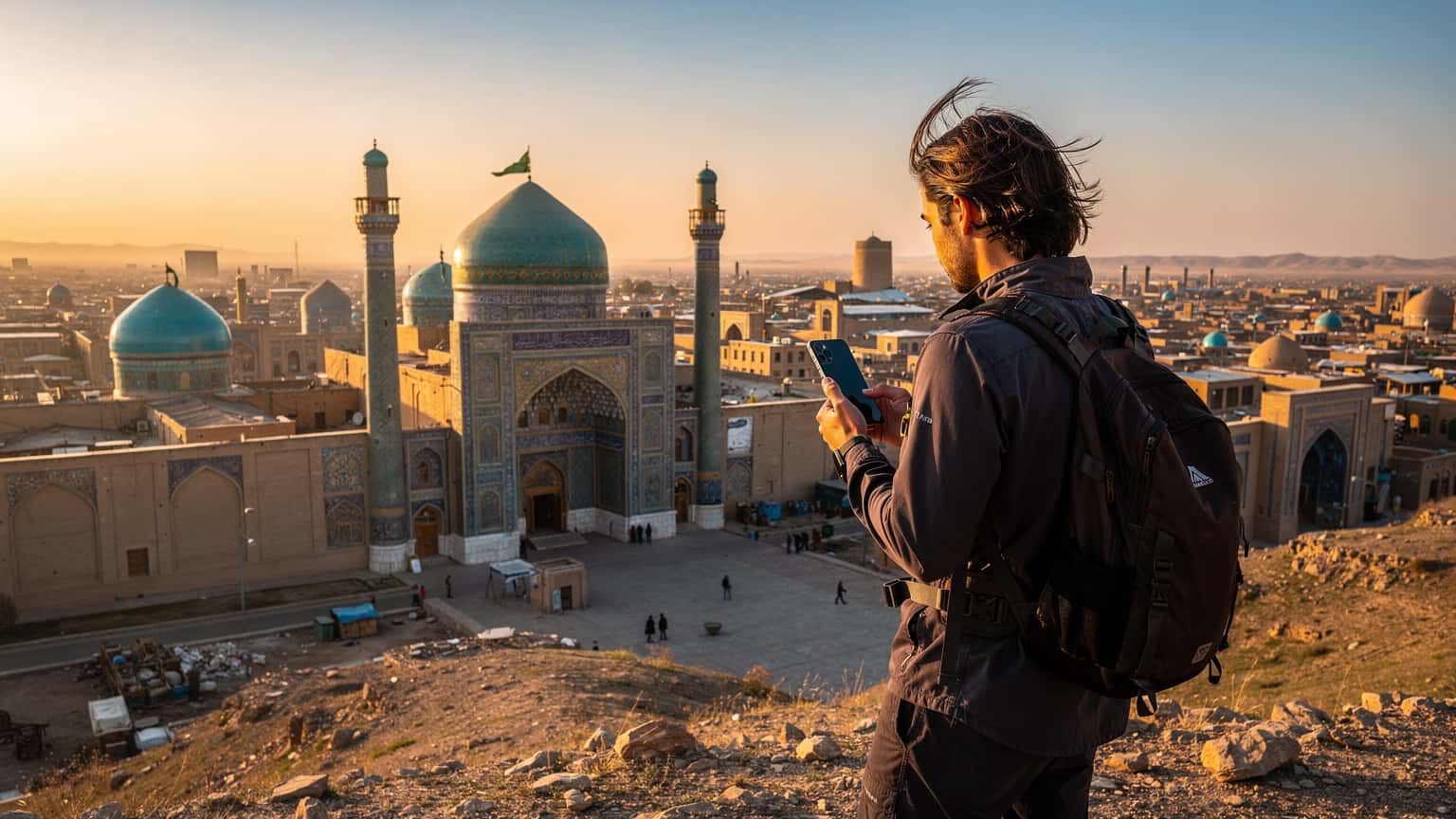 A solo traveler holds a smartphone while overlooking a panoramic view of an ancient Central Asian city with historic Silk Road architecture at sunset, symbolizing modern connectivity during travel.