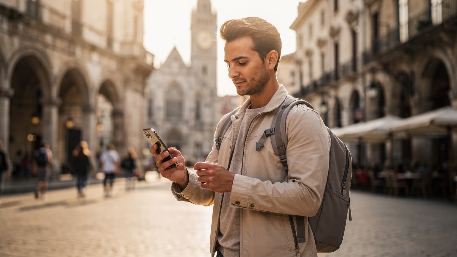A photorealistic, editorial image of a traveler confidently using a smartphone in a sun-drenched European city square, with blurred iconic architecture in the background, symbolizing easy international travel and connectivity.
