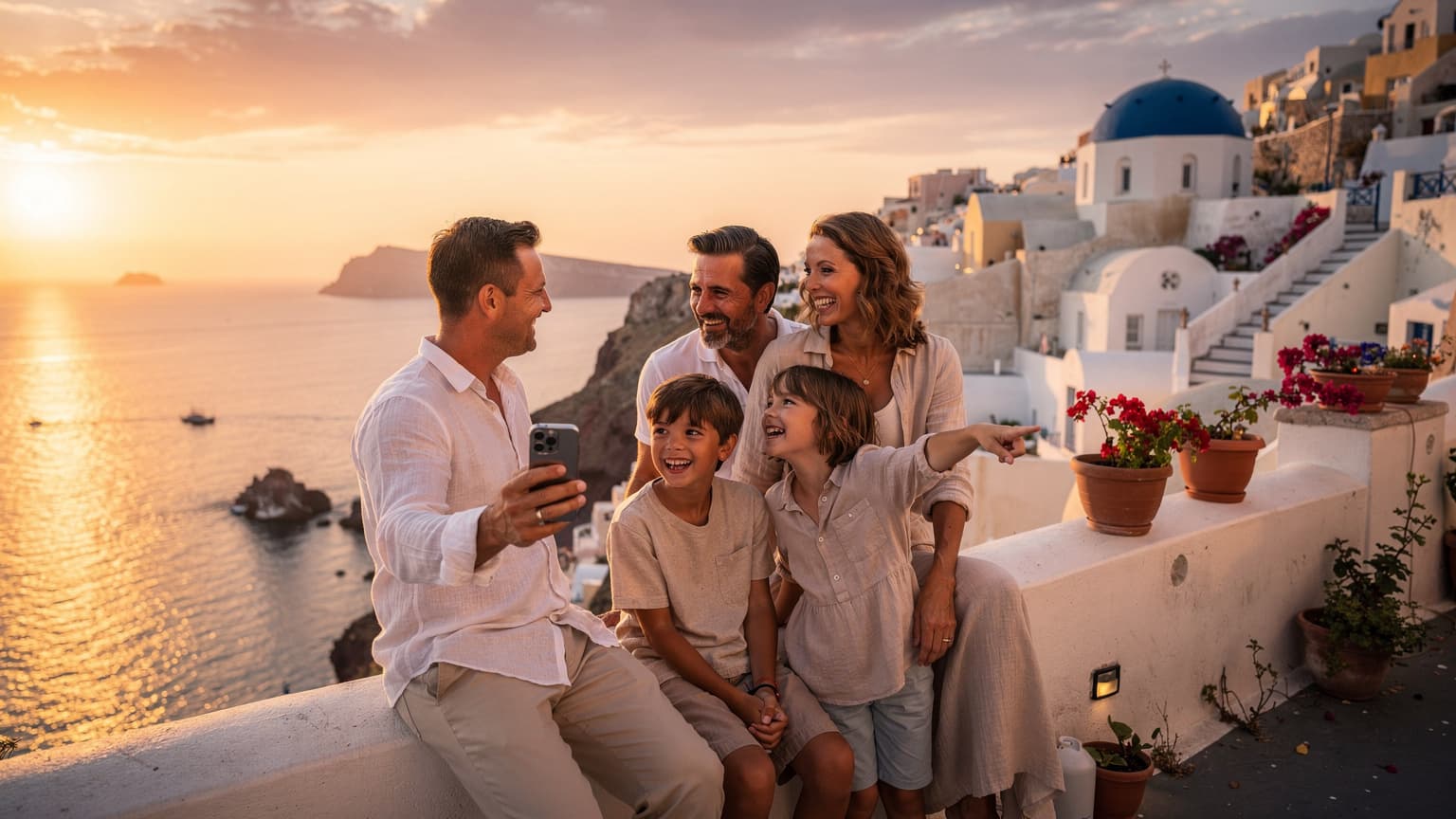 A family on a terrace overlooking a Greek island sunset with white buildings and the Aegean Sea. A parent subtly holds a smartphone.