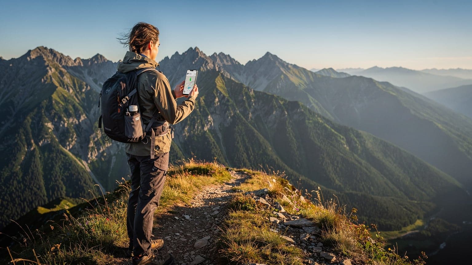 A hiker stands on a mountain path in the High Tatras, holding a smartphone that shows a strong signal, with a panoramic view of green valleys and peaks under a blue sky.