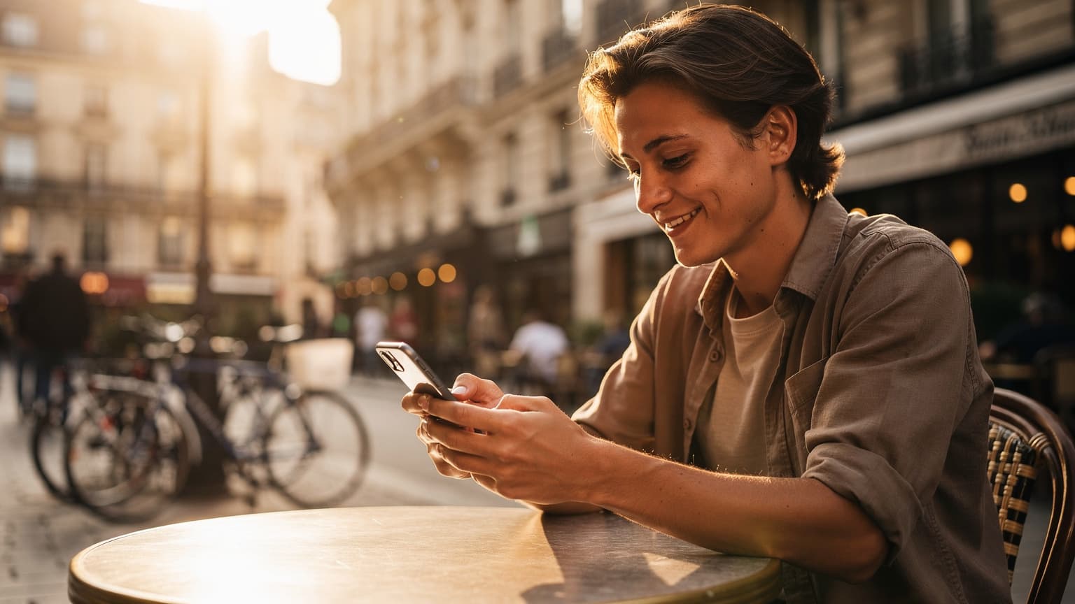 A person smiling gently while looking at a smartphone screen on an outdoor cafe terrace in a foreign city at sunset, conveying a sense of connection while traveling.