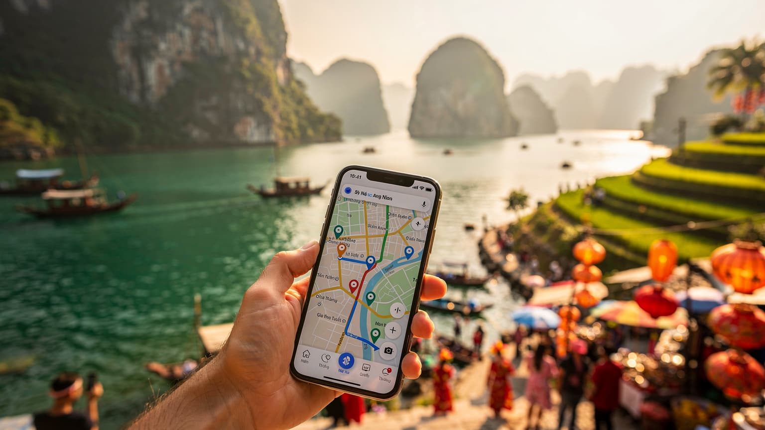 A person's hand holding a smartphone against a beautiful Vietnamese landscape, depicting seamless travel and connectivity during a holiday.