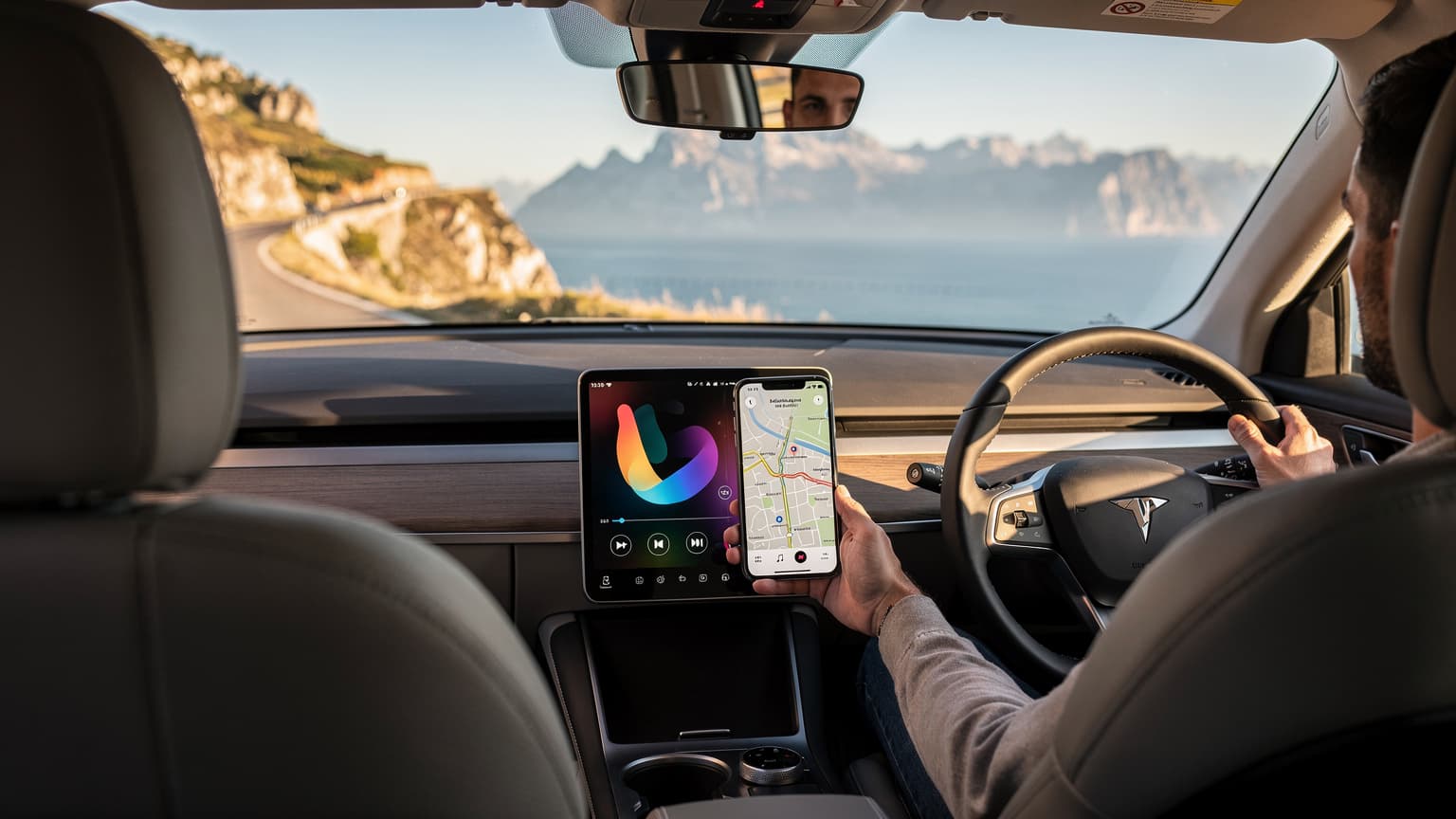 A close-up of a smartphone in a car dashboard, displaying a generic map or music application, with a blurred but scenic European landscape visible through the car windows. The image conveys modern road trip travel with integrated technology.