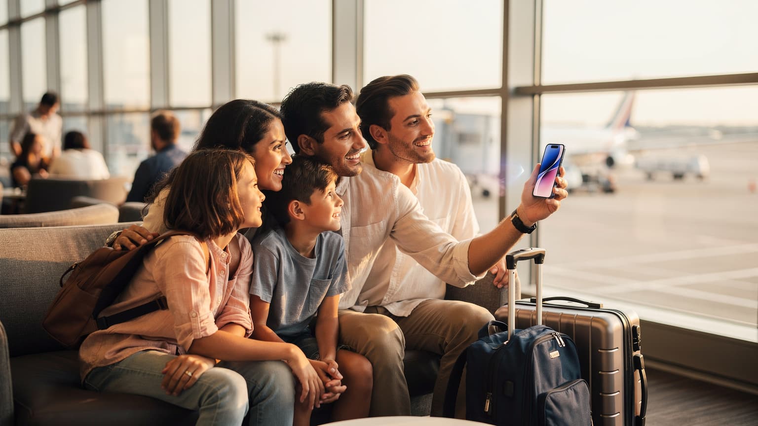 A diverse family in a bright, modern airport lounge, smiling and ready for their summer vacation. One parent holds a futuristic smartphone with a subtly glowing screen, symbolizing seamless digital activation, with travel luggage beside them.