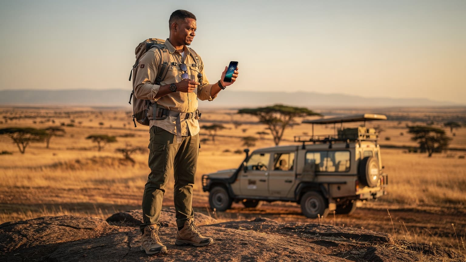 A savvy backpacker uses a glowing smartphone on a scenic African savanna overlook at golden hour, with a safari vehicle in the background, illustrating modern travel connectivity.