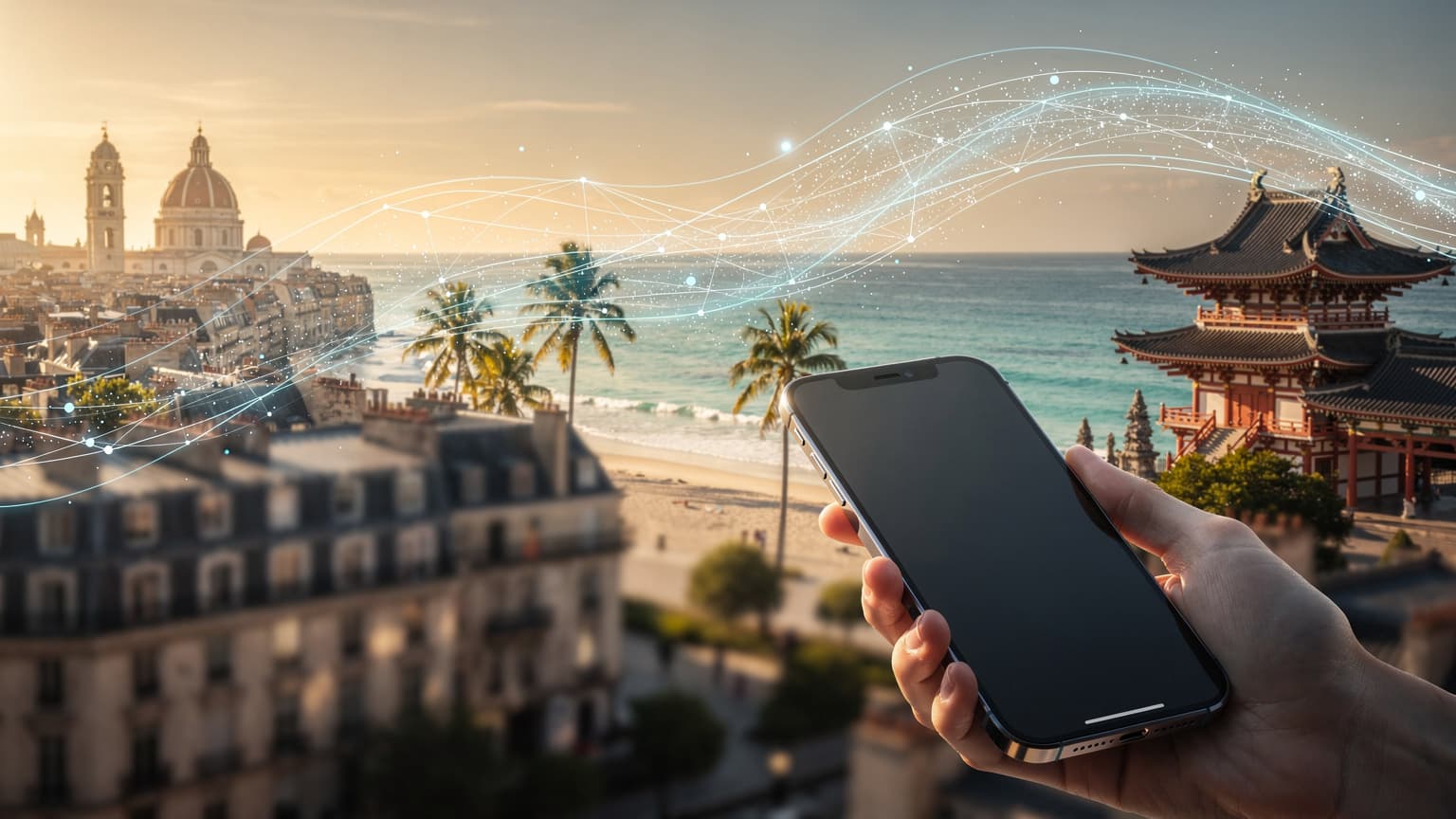 A photorealistic hero image for a travel tech magazine, showing a modern iPhone held in hand in the foreground. The background features a blurred montage of famous global travel destinations interwoven with subtle digital network lines, symbolizing seamless eSIM connectivity for international travel.