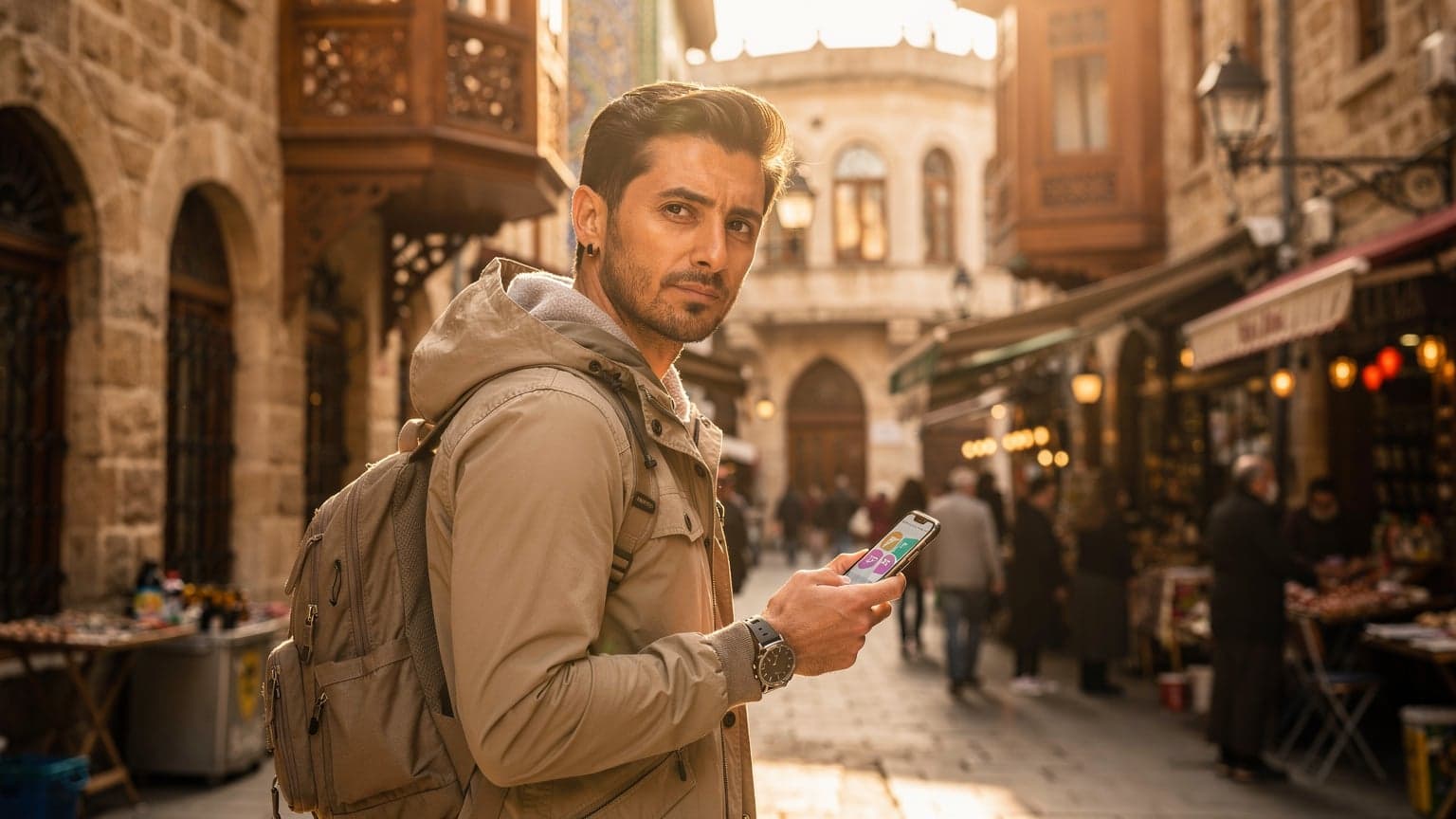 A photorealistic, cinematic hero shot showing a discerning traveler in a bustling, sun-drenched historic street in Istanbul, Turkey. The traveler is subtly checking a smartphone, which displays an unreadable, abstract map. Intricate Ottoman architecture and local life fill the background, all bathed in warm, natural light. The image conveys informed travel and awareness.