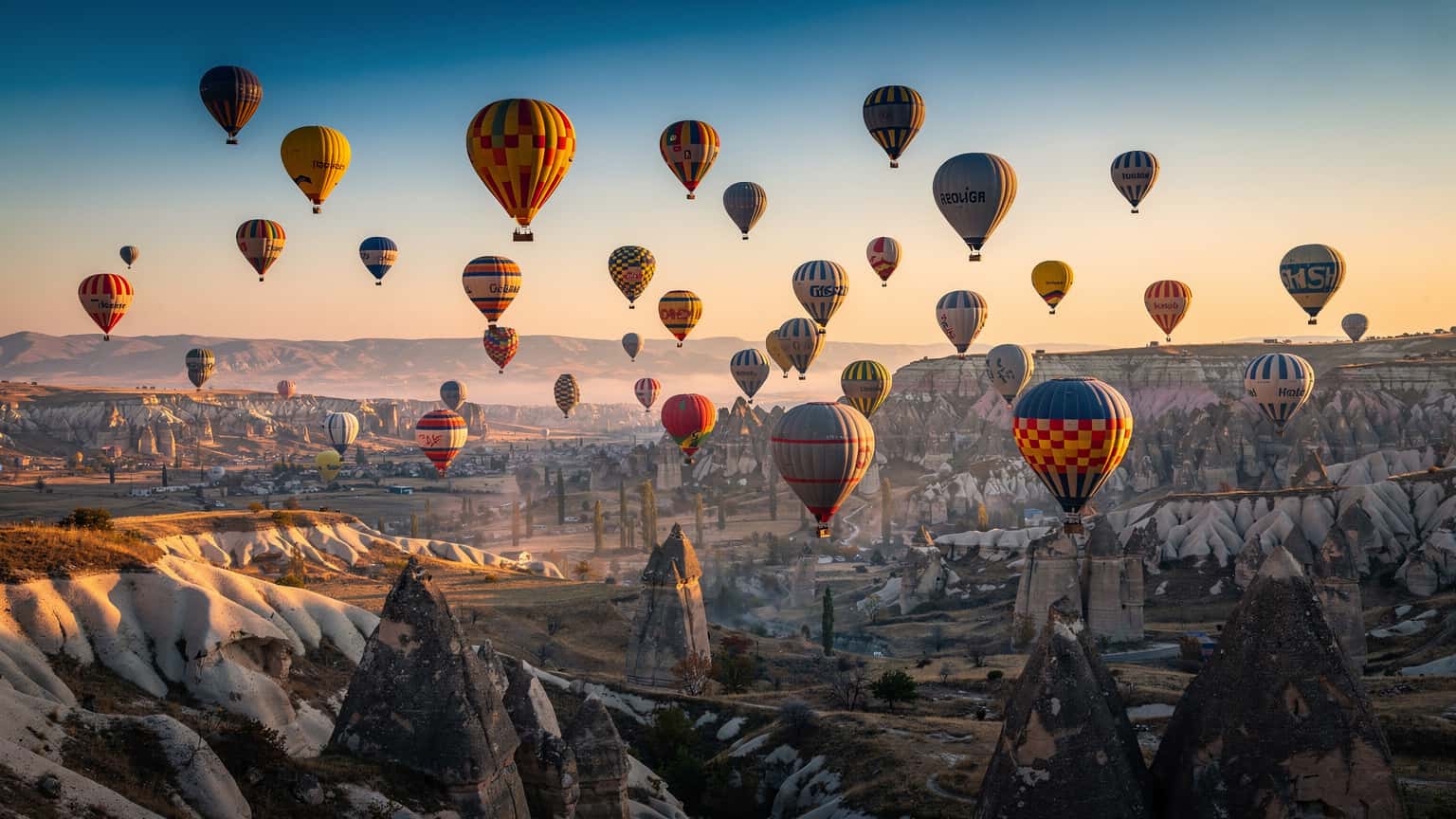 Panoramic view of dozens of colorful hot air balloons floating above the unique rock formations of Cappadocia, Turkey, at sunrise. The sky is bright with warm golden light, and the rugged landscape is cast in soft shadows.
