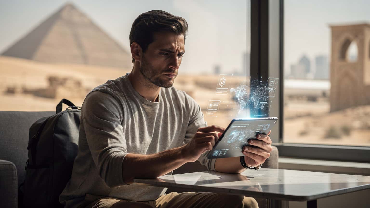 A photorealistic, cinematic shot of a focused traveler in their 30s, intently reviewing security protocols and travel advisories for Egypt on a sleek, advanced tablet. The background subtly features modern Egyptian architecture and a desert landscape through a window, bathed in soft natural light, conveying diligent preparation for a 2026 trip.
