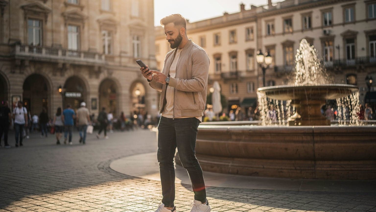 A person, appearing to be a Saudi traveler, stands in a sunlit European city square during golden hour, looking at a smartphone screen with a relaxed expression, symbolizing seamless global connectivity and modern travel.