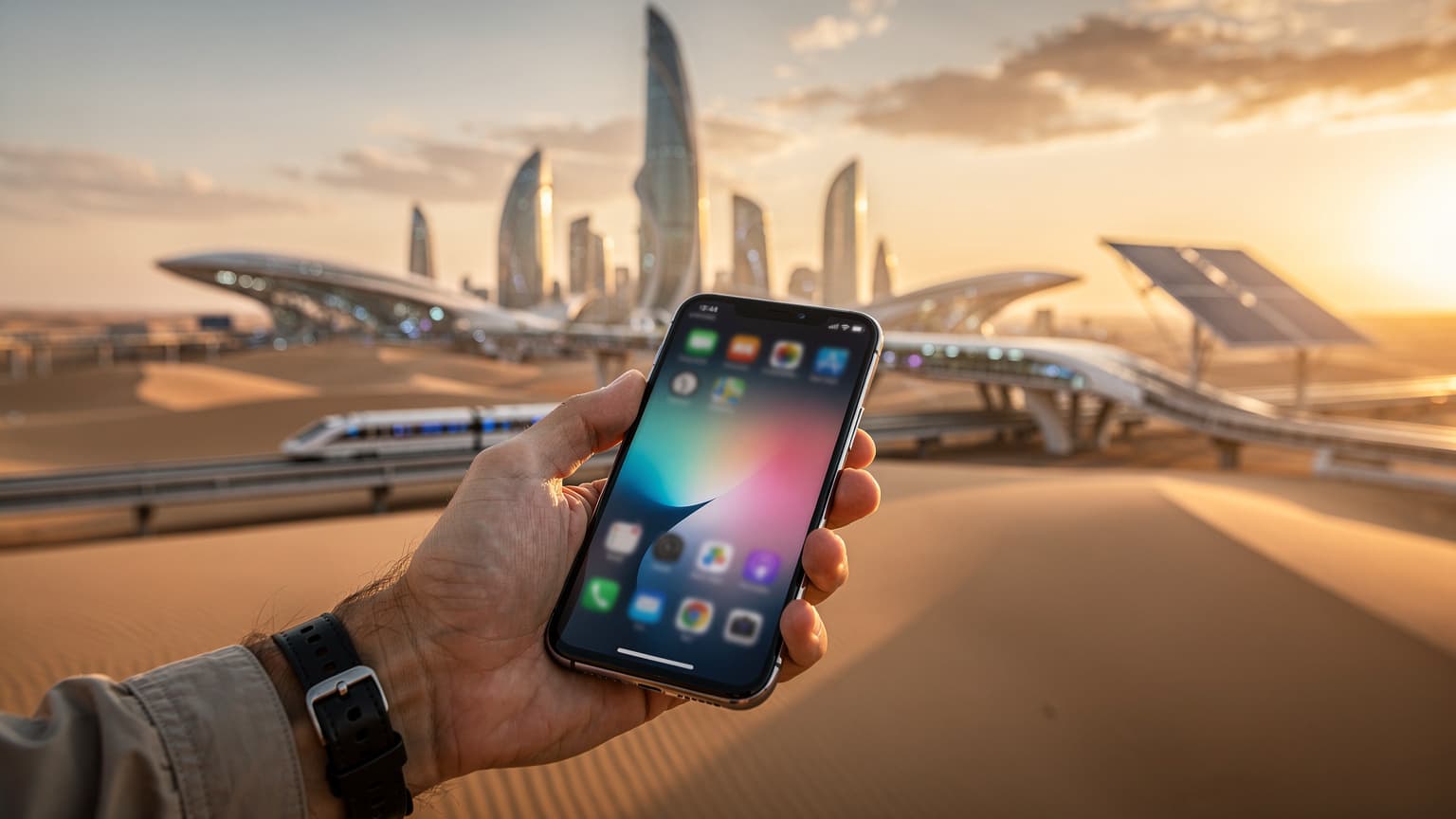 A close-up of a hand holding a modern smartphone, with a blurred background of a vibrant, sunlit global travel destination. The image conveys ease of connection and exploration through technology.