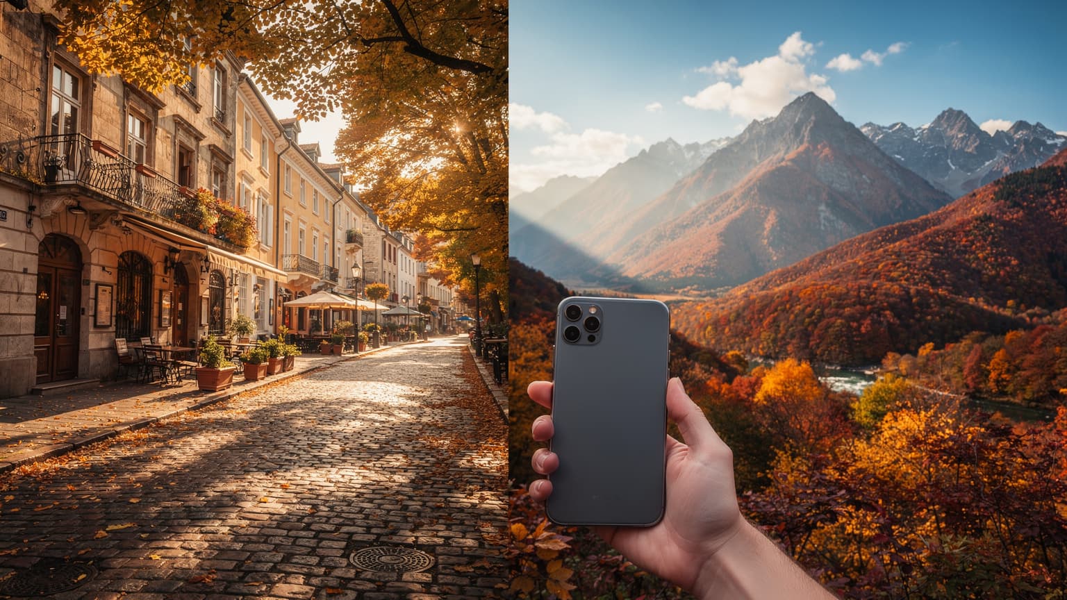 A cinematic hero image depicting a European autumn holiday, blending a historic city scene with a vibrant mountain landscape, a hand subtly holding a smartphone, representing travel and tech connectivity.