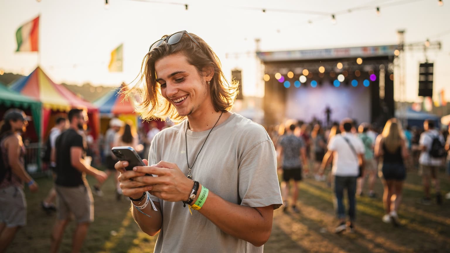 A happy person at a vibrant music festival uses a smartphone, surrounded by colorful tents and a blurred crowd under warm golden hour light, symbolizing effortless digital connectivity.