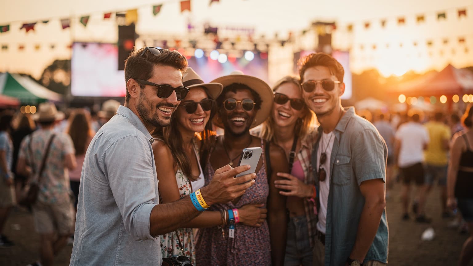 A photorealistic, cinematic image of a diverse group of friends at a European summer music festival during golden hour. One person is subtly interacting with their smartphone in the foreground, indicating connectivity, while the background shows a vibrant, blurred crowd and distant stage lights under warm, natural light. The scene captures the joy and energy of the festival experience.