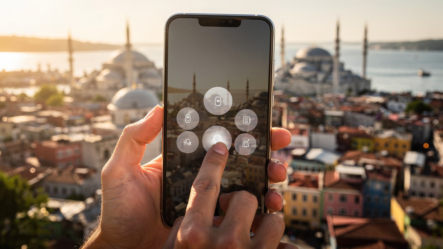 A hand interacts with a smartphone showing a digital activation screen, set against a blurred background of a sunny, iconic Turkish city, symbolizing easy digital connectivity for travelers.