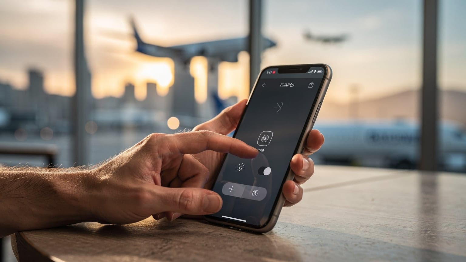 A cinematic, close-up photo of hands manually setting up an eSIM on a modern smartphone against a blurred background of a stylish travel destination.