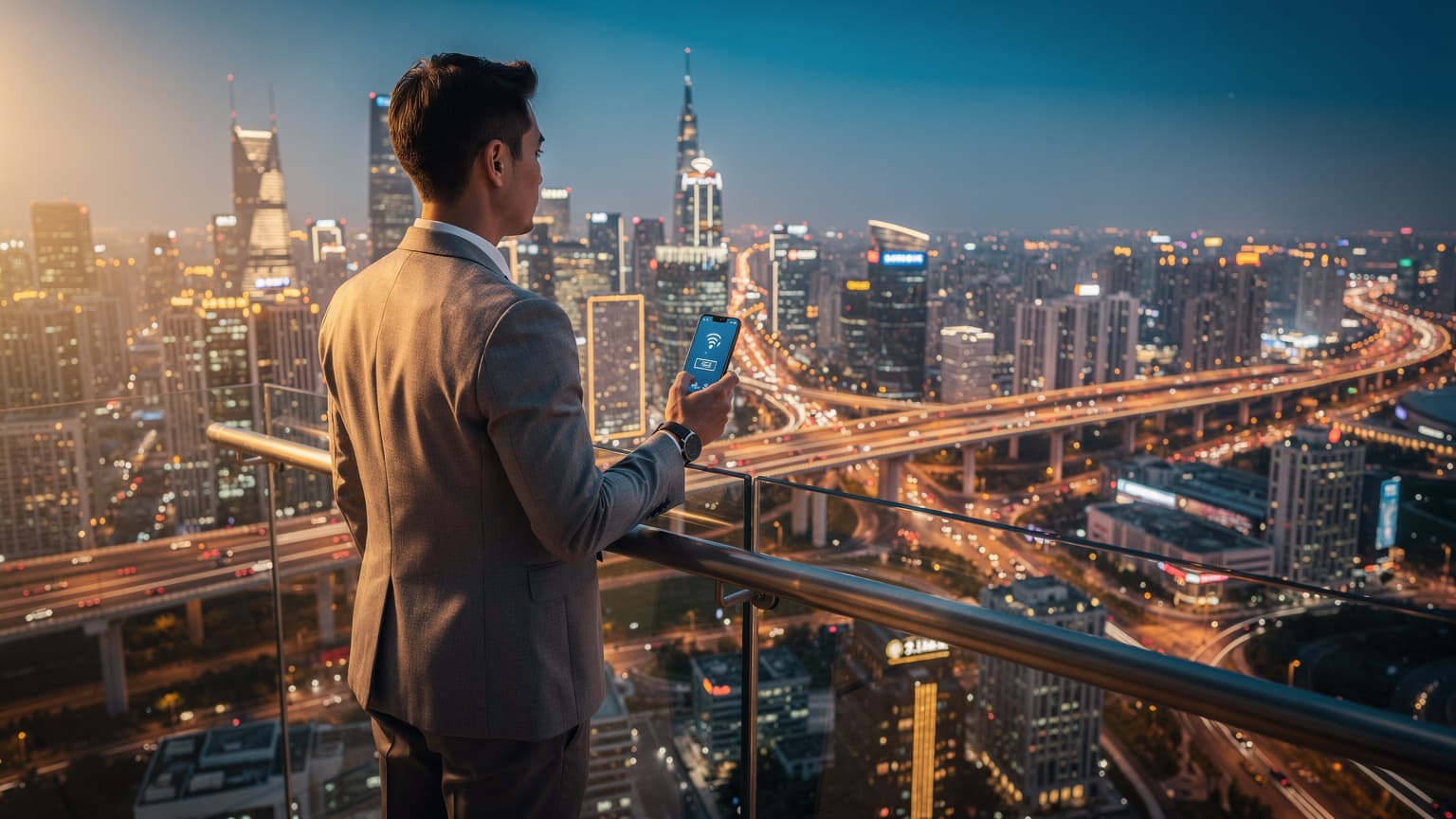 A person holding a smartphone, looking over a modern Chinese cityscape at dusk, symbolizing advanced and reliable mobile connectivity.