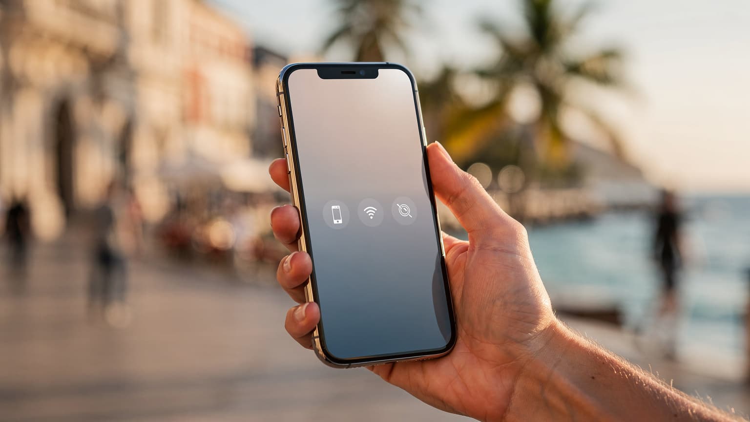 A close-up photograph of a hand holding a modern smartphone, with a blurred, scenic international travel destination in the background, illustrating the integration of technology like eSIM into global travel experiences.