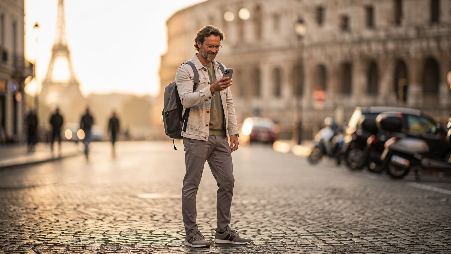 A person holding an iPhone 15 Pro on a European street, with a blurred landmark in the background, conveying effortless travel and connectivity.