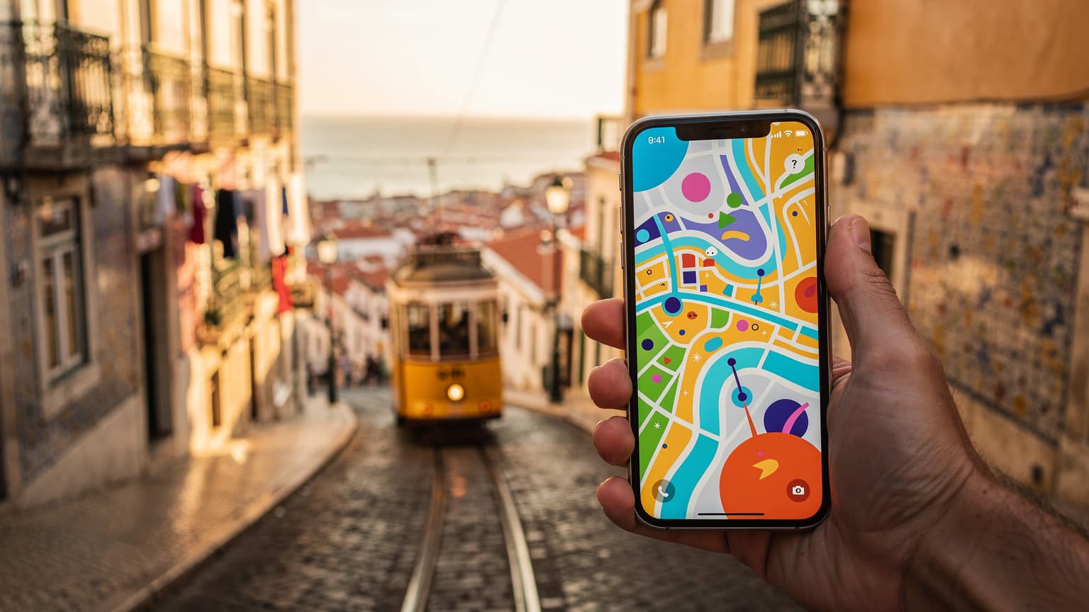 A hand holding a smartphone with a colorful, abstract graphic on its screen, set against a blurred, sunlit backdrop of a Portuguese city street, symbolizing travel and digital connectivity.