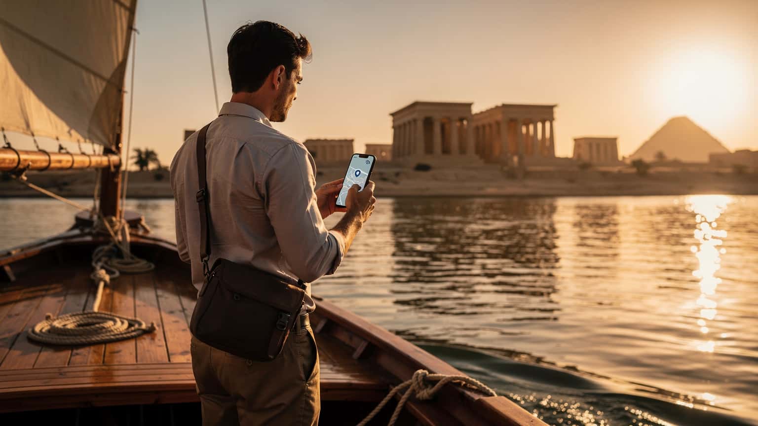 A modern traveler on a felucca on the Nile River at sunset, looking at a smartphone, with ancient Egyptian temples in the background, symbolizing connected travel.