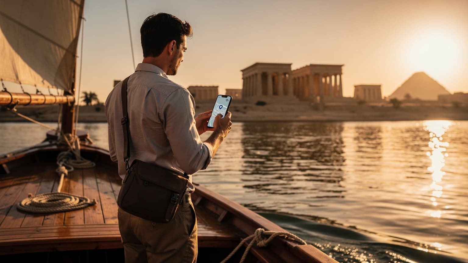 A modern traveler on a felucca on the Nile River at sunset, looking at a smartphone, with ancient Egyptian temples in the background, symbolizing connected travel.