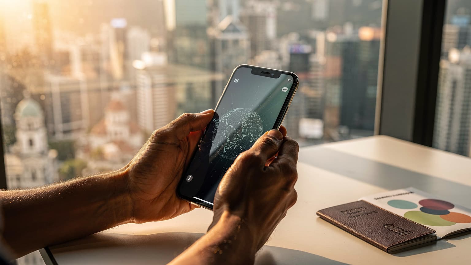 A close-up of hands holding a smartphone, with a blurred cityscape and travel documents in the background, conveying the idea of choosing a global eSIM plan for international travel.