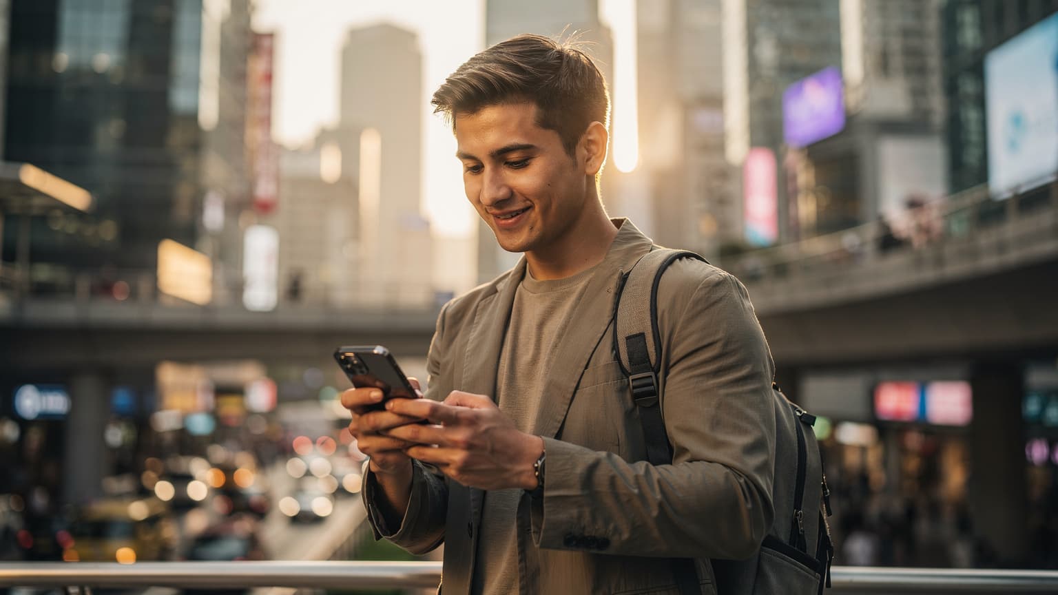 A modern traveler holding an iPhone, with a blurred, iconic Hong Kong cityscape in the background, illuminated by natural golden hour light. The image conveys smart travel and mobile connectivity.