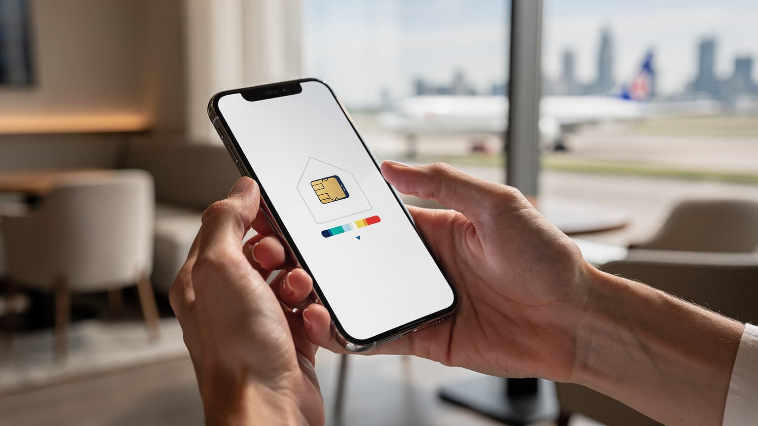 Hands activating an eSIM on a smartphone in a modern travel setting, highlighting self-service mobile connectivity.