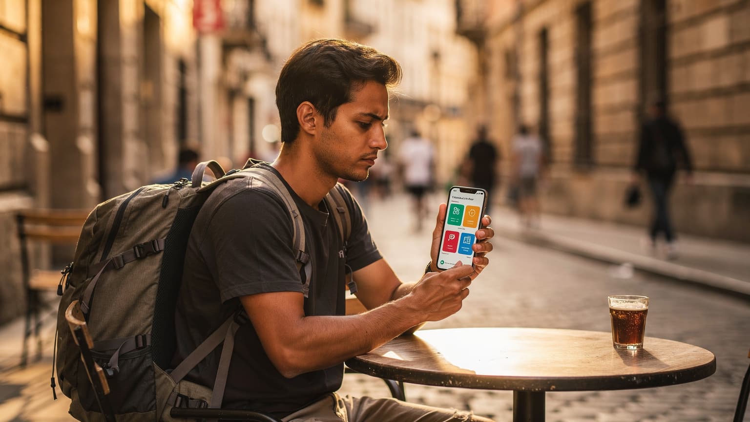A thoughtful young backpacker in a sunny European city street, looking at a smartphone screen displaying two abstract data plan options, symbolizing a choice between budget mobile data plans.