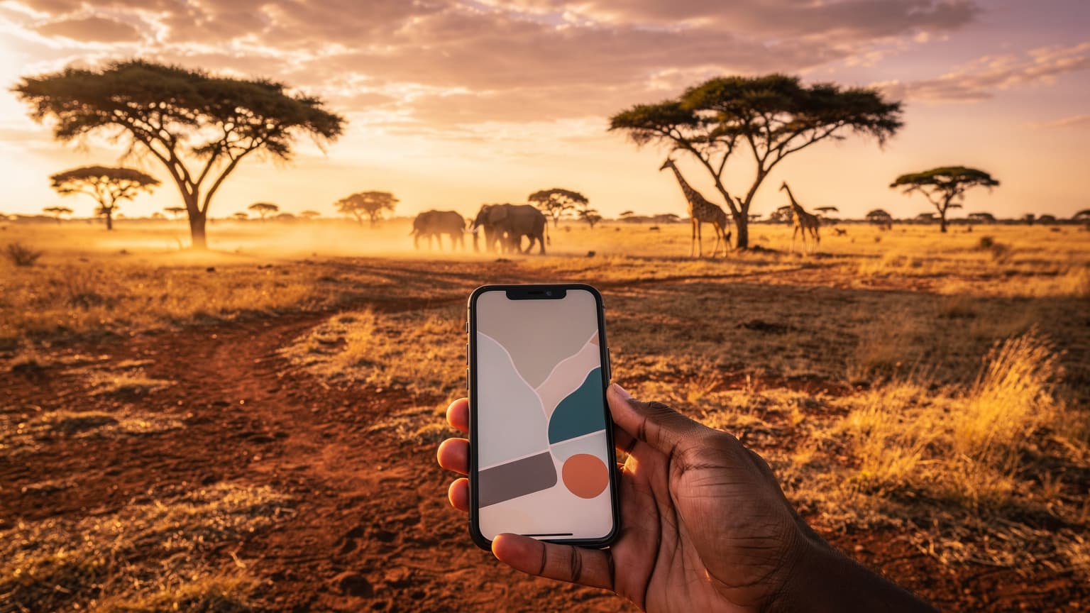 A hand holding a smartphone with a subtle digital display, set against a stunning, blurred backdrop of a South African safari landscape at golden hour, featuring acacia trees and distant wildlife, symbolizing technology enhancing travel connectivity.