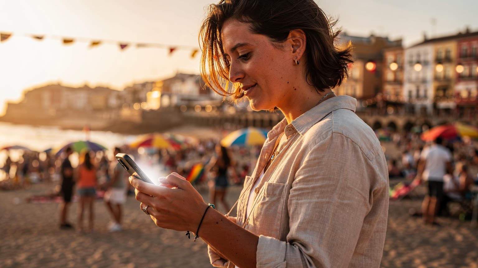A person holds a smartphone on a sunny Spanish beach during a summer festival, conveying continuous connection. The scene is vibrant and warm, suitable for a travel magazine.