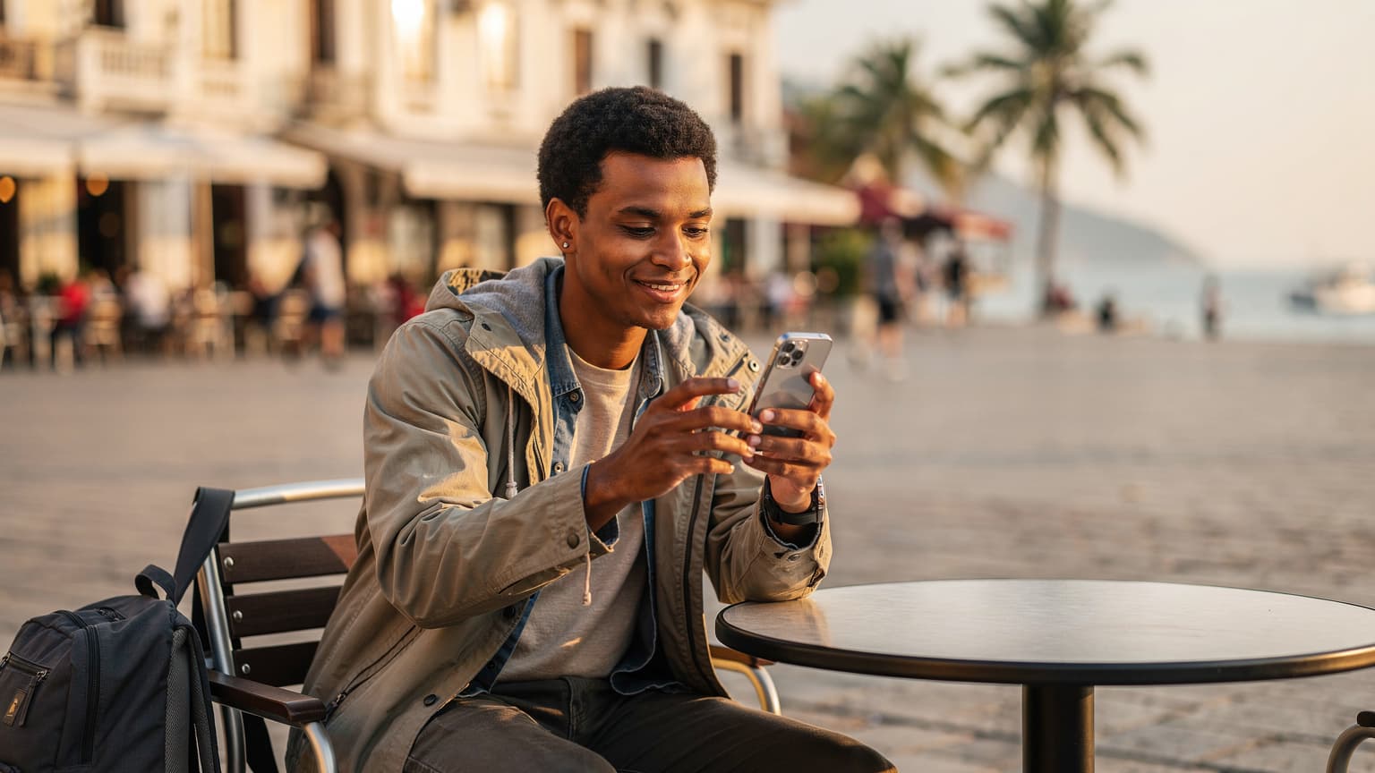 A photorealistic, editorial travel photo showing a modern traveler using a smartphone in a beautiful international location, conveying seamless global internet connectivity with eSIM, suitable for a tech magazine hero image.