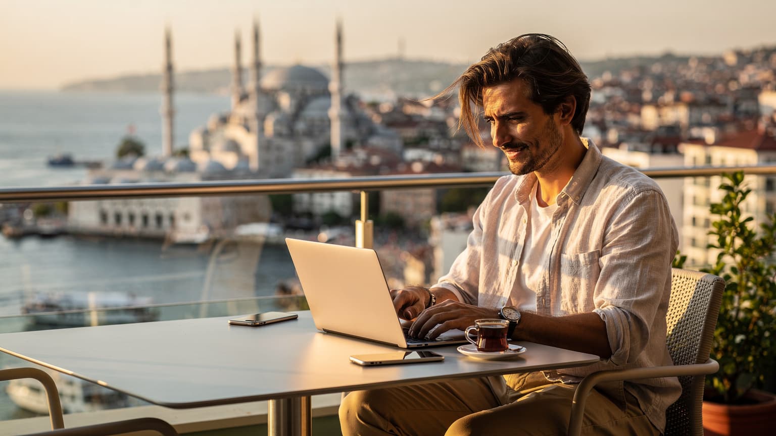 A digital nomad working on a laptop on a balcony overlooking a scenic Turkish city, symbolizing seamless connectivity and remote work in Turkey.
