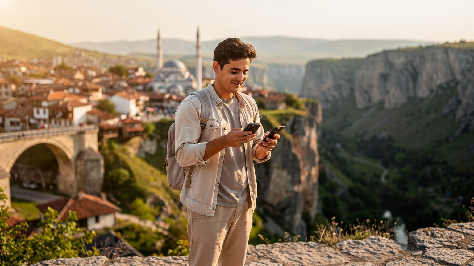 A photorealistic, cinematic image of a traveler holding a smartphone in a scenic Kosovo landscape, conveying easy and affordable internet access. The traveler is relaxed, looking at their phone, with a beautiful natural or urban Kosovan background. The lighting is natural golden hour.