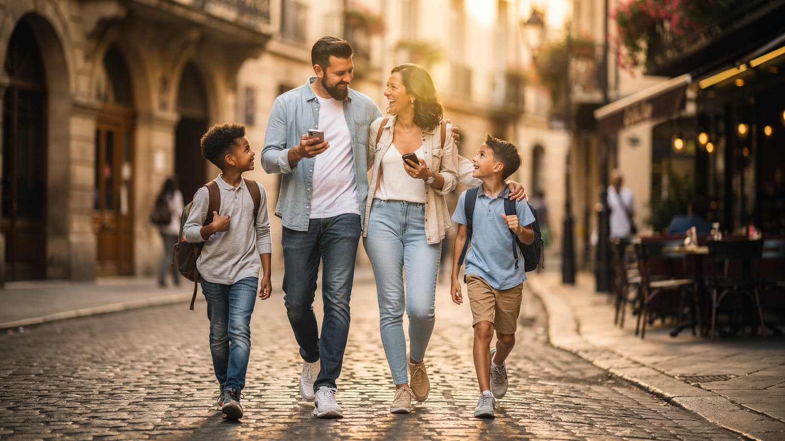 A photorealistic image of a happy, diverse family of four (parents, two children) walking down a sunny cobblestone street in a European city. One parent holds a smartphone. They are smiling and interacting, conveying relaxed international travel and connectivity.