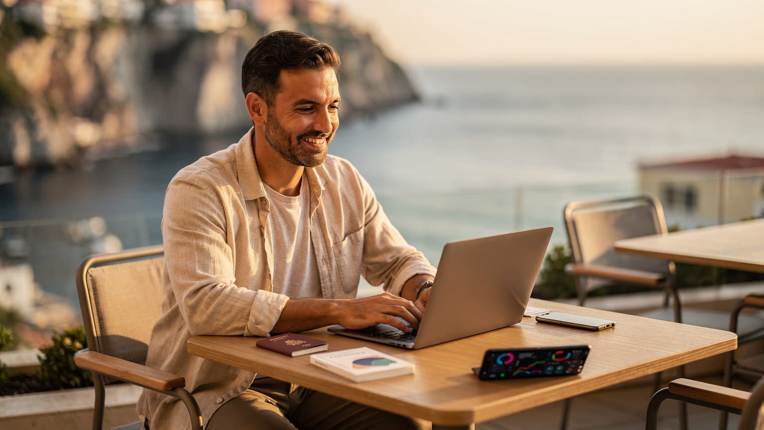 A diverse network engineer, mid-30s, works on a laptop at a modern outdoor cafe terrace overlooking a scenic Mediterranean coastline during golden hour. On the table are travel items and a smartphone showing financial data. The image conveys successful remote work and travel.
