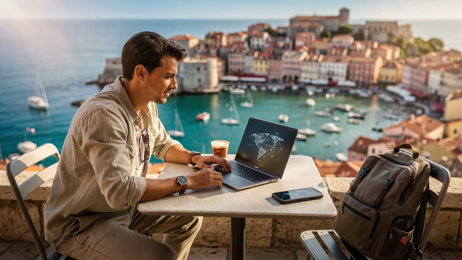 A young travel content creator works on a laptop at an outdoor cafe overlooking a beautiful European coastal town, with a smartphone displaying a connectivity icon nearby, suggesting remote work and global travel.