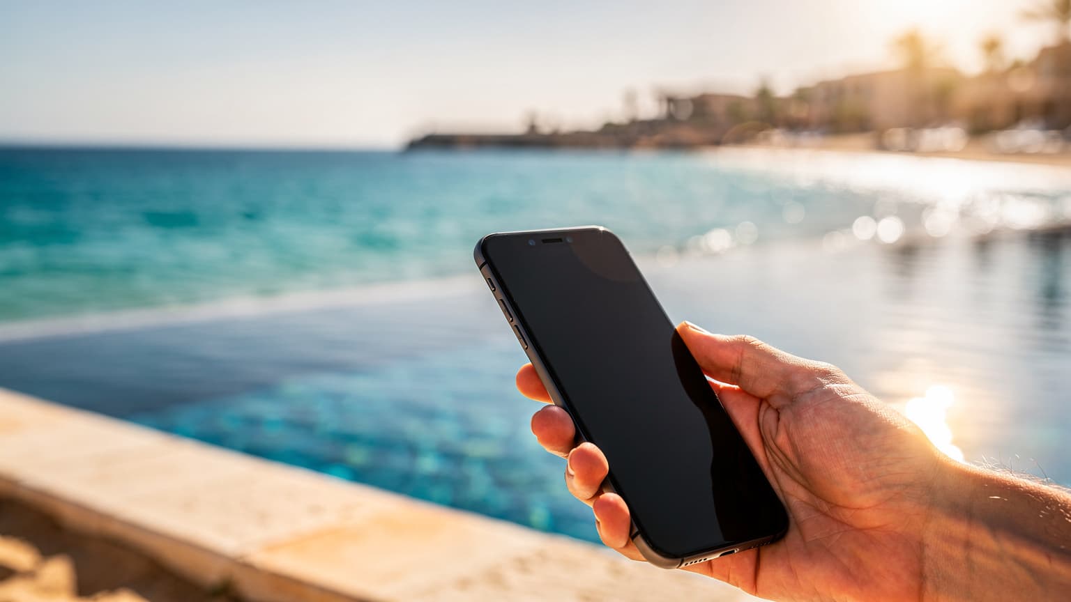 A cinematic, photorealistic image of a hand holding a modern smartphone, with the vibrant turquoise Red Sea and a sunny sky blurred in the background, symbolizing digital connectivity during an Egyptian vacation.